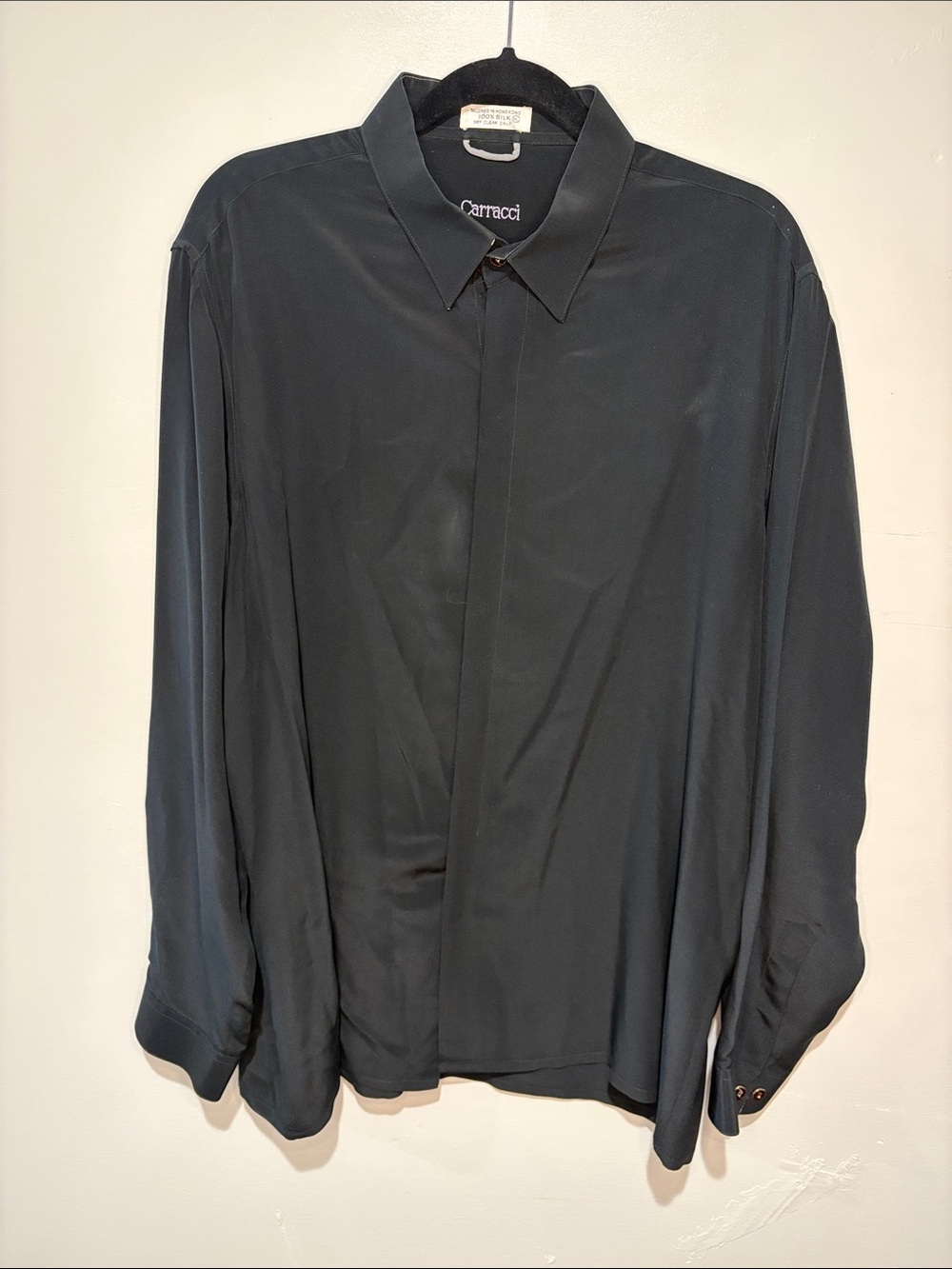 Men's Silk Black Long-Sleeve Button-Down Shirt - XL